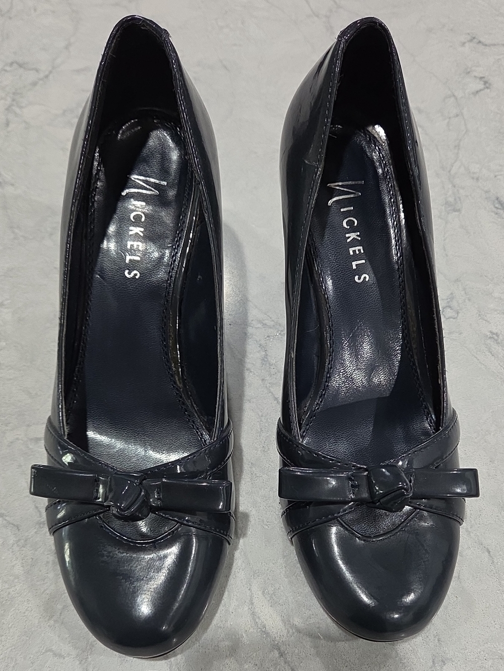 Nickels Dark Navy Blue/Black Patent Round-Toe Heels with Bow Accent